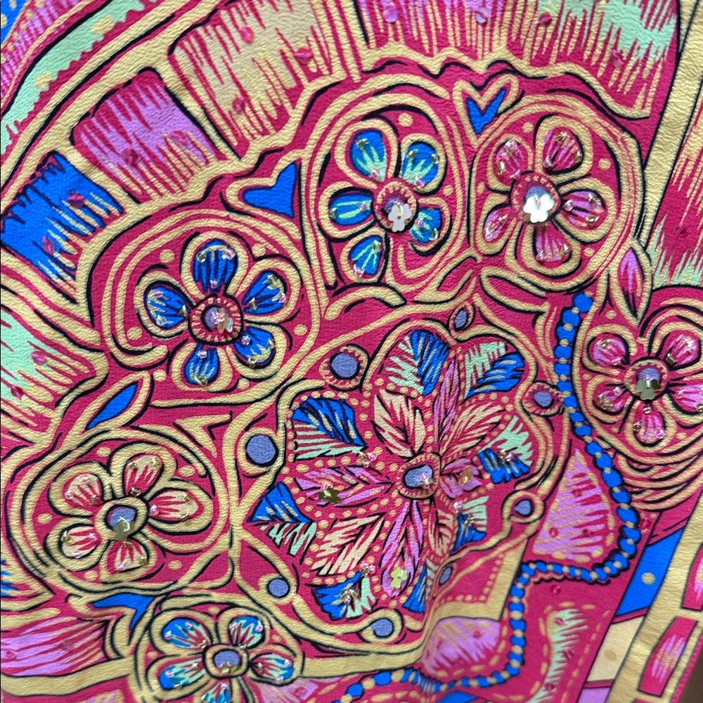 Diane Gilman Hot Pink Embroidered V-Neck Tunic with Multicolor Trim - Picture 6 of 7